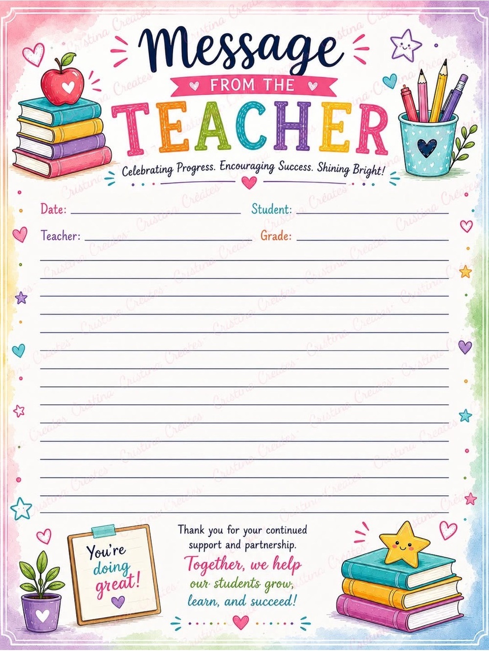 Message From The Teacher 50 page Notepad Colorful School Note